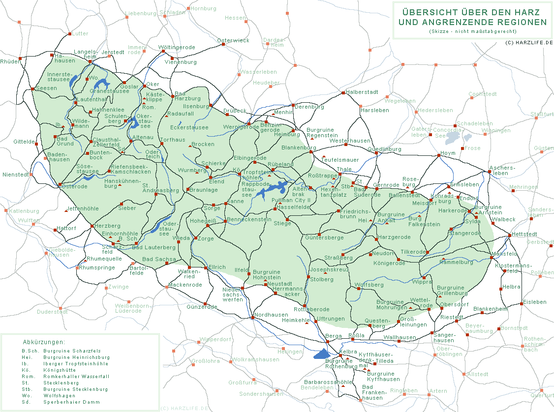 Harzkarte - Übersicht über den Harz und die angrenzenden Regionen